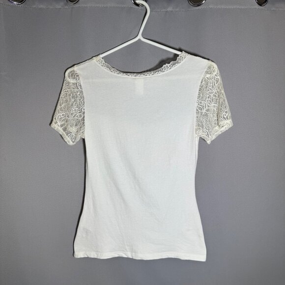 H&M White T-Shirt with Transparent Lace Shoulders and Sleeves, Womens Size Small - Picture 2 of 7